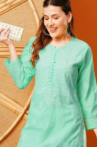 Hand embroidered sea green cotton lucknowi chikankari straight kurta