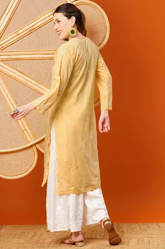 Hand embroidered yellow cotton lucknowi chikankari straight kurta