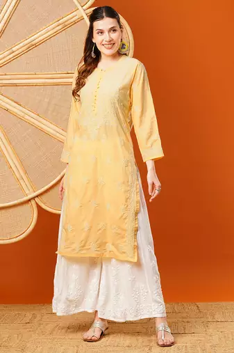 Hand embroidered yellow cotton lucknowi chikankari straight kurta