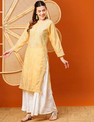 Hand embroidered yellow cotton lucknowi chikankari straight kurta 4