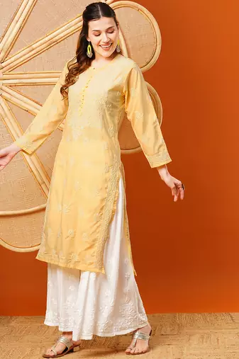 Hand embroidered yellow cotton lucknowi chikankari straight kurta