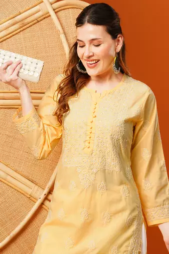Hand embroidered yellow cotton lucknowi chikankari straight kurta