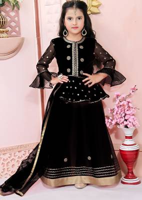 Black embroidered net a line lehenga choli dupatta 1