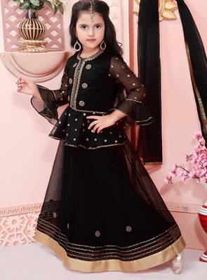 Black embroidered net a line lehenga choli dupatta 2