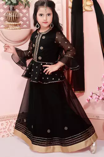 Black embroidered net a line lehenga choli dupatta