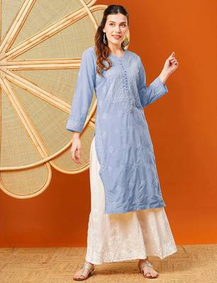 Hand embroidered mauve cotton lucknowi chikankari straight kurta 1