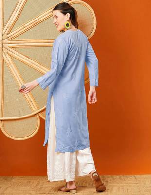 Hand embroidered mauve cotton lucknowi chikankari straight kurta 2
