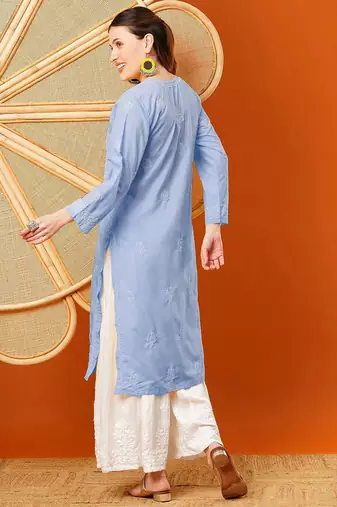 Hand embroidered mauve cotton lucknowi chikankari straight kurta