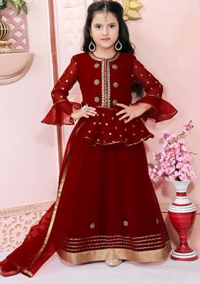 Maroon embroidered net a line lehenga choli dupatta 1
