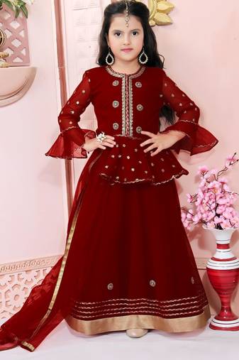 Maroon embroidered net a line lehenga choli dupatta