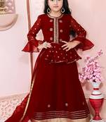 Maroon embroidered net a line lehenga choli dupatta