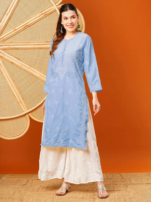 Hand embroidered mauve cotton lucknowi chikankari straight kurta 3