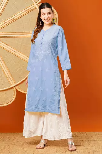 Hand embroidered mauve cotton lucknowi chikankari straight kurta
