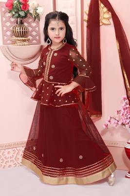 Maroon embroidered net a line lehenga choli dupatta 2