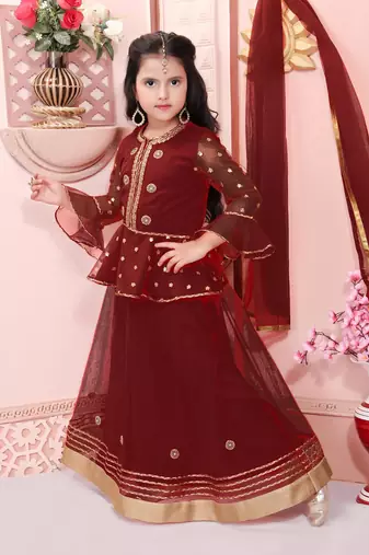 Maroon embroidered net a line lehenga choli dupatta