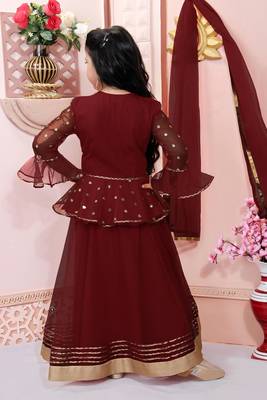 Maroon embroidered net a line lehenga choli dupatta 3