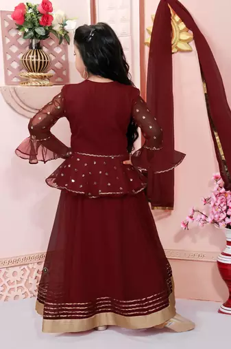 Maroon embroidered net a line lehenga choli dupatta