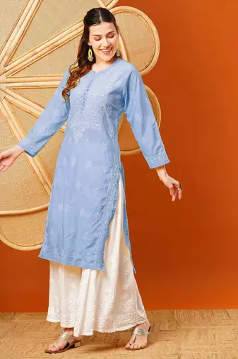 Hand embroidered mauve cotton lucknowi chikankari straight kurta