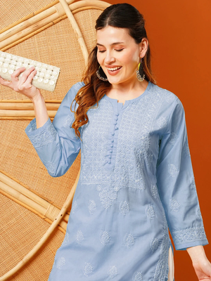 Hand embroidered mauve cotton lucknowi chikankari straight kurta 5