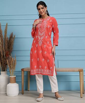 Hand embroidered carrot pink cotton lucknow chikan kurta 1