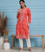 Hand embroidered carrot pink cotton lucknow chikan kurta
