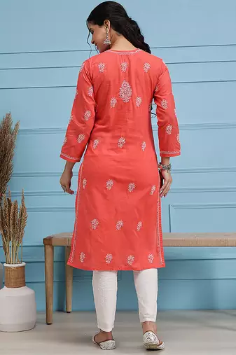 Hand embroidered carrot pink cotton lucknow chikan kurta