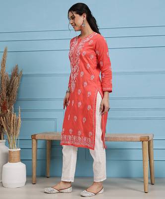 Hand embroidered carrot pink cotton lucknow chikan kurta 3