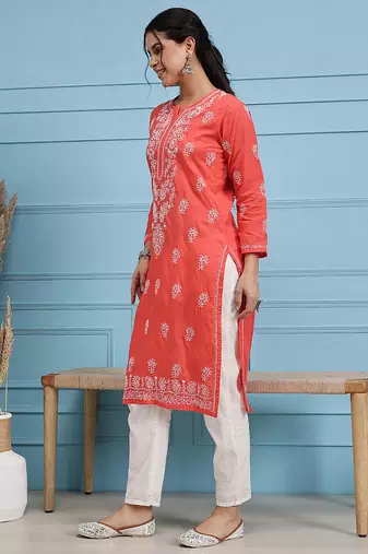 Hand embroidered carrot pink cotton lucknow chikan kurta
