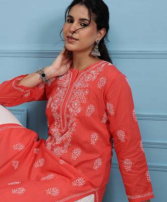 Hand embroidered carrot pink cotton lucknow chikan kurta 4