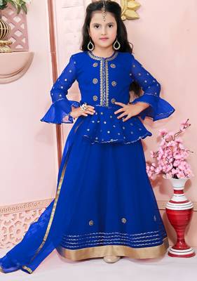 Blue embroidered net a line lehenga choli dupatta 1