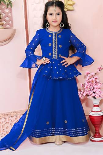 Blue embroidered net a line lehenga choli dupatta
