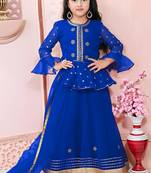Blue embroidered net a line lehenga choli dupatta