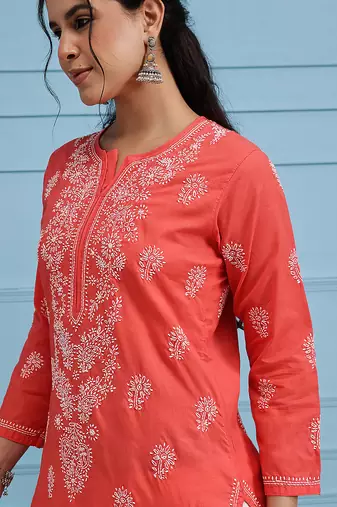 Hand embroidered carrot pink cotton lucknow chikan kurta