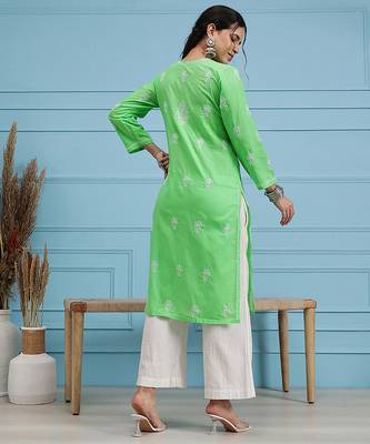 Hand embroidered green cotton lucknowi chikankari straight kurta 2