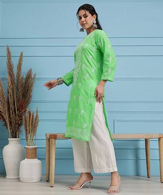 Hand embroidered green cotton lucknowi chikankari straight kurta 3