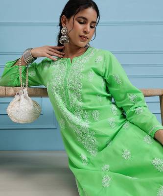 Hand embroidered green cotton lucknowi chikankari straight kurta 4