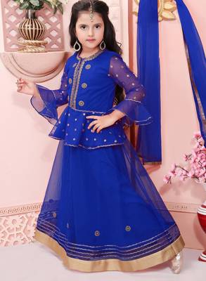 Blue embroidered net a line lehenga choli dupatta 2