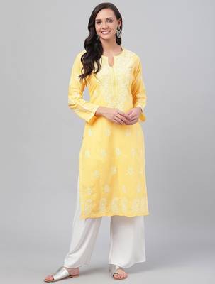Hand embroidered yellow cotton lucknowi chikankari straight kurta 1