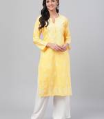 Hand embroidered yellow cotton lucknowi chikankari straight kurta