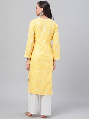 Hand embroidered yellow cotton lucknowi chikankari straight kurta 2