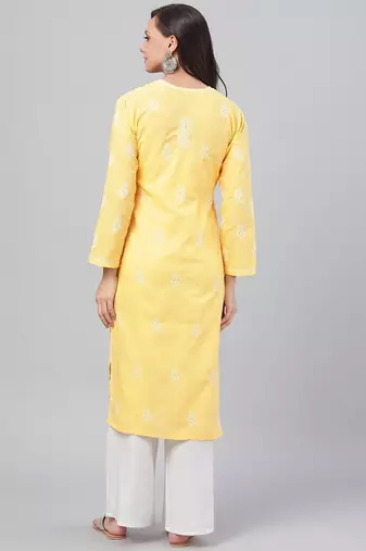 Hand embroidered yellow cotton lucknowi chikankari straight kurta