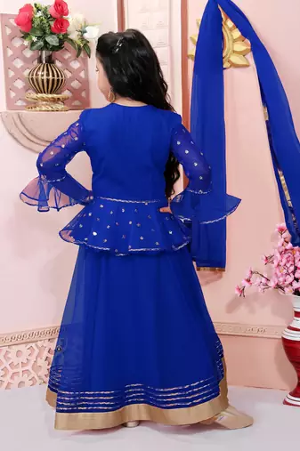 Blue embroidered net a line lehenga choli dupatta