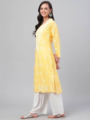 Hand embroidered yellow cotton lucknowi chikankari straight kurta 3