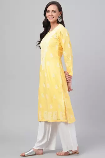 Hand embroidered yellow cotton lucknowi chikankari straight kurta