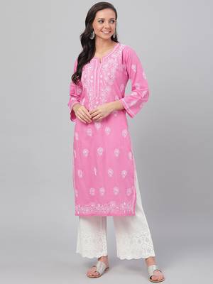 Hand embroidered onion pink cotton lucknowi chikankari straight kurta 1