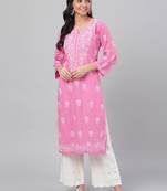 Hand embroidered onion pink cotton lucknowi chikankari straight kurta
