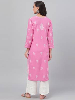 Hand embroidered onion pink cotton lucknowi chikankari straight kurta 2