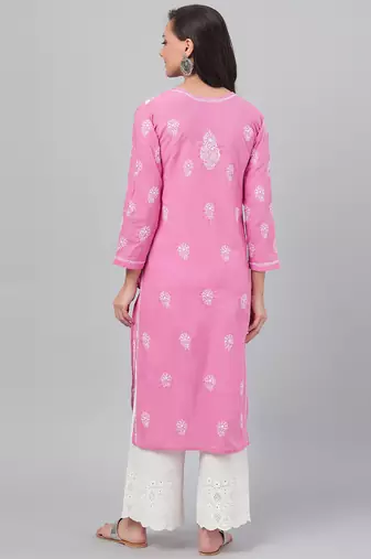 Hand embroidered onion pink cotton lucknowi chikankari straight kurta