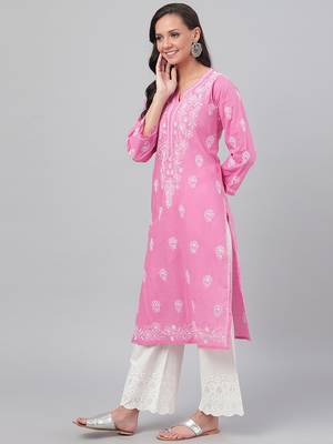 Hand embroidered onion pink cotton lucknowi chikankari straight kurta 3