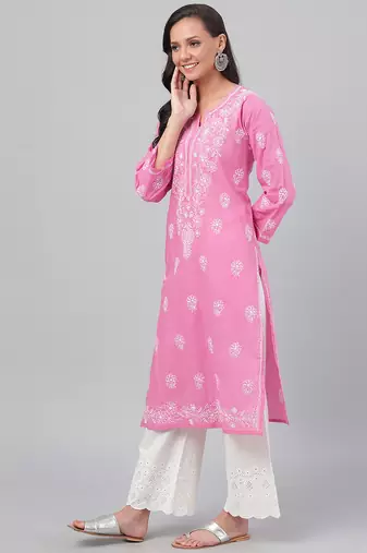 Hand embroidered onion pink cotton lucknowi chikankari straight kurta